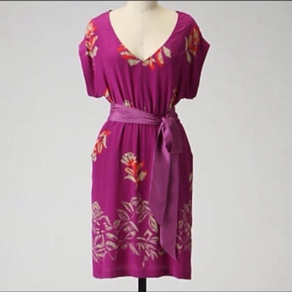 Anthropologie Moulinette Soeurs Vetements 100% Silk Magenta Floral Dress Size 12